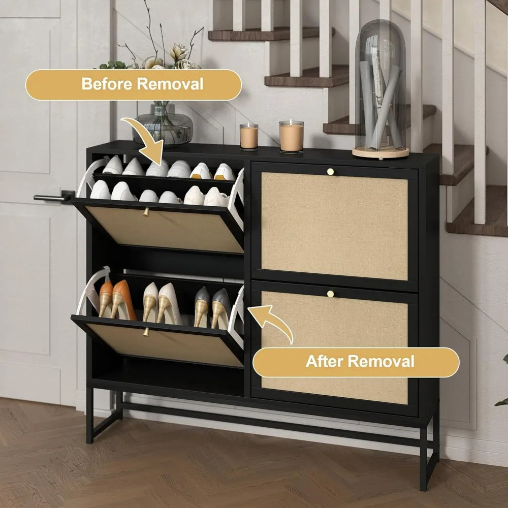 Slim Shoe Cabinet with 4 Flip Drawers – Narrow Freestanding Shoe Organizer with Fabric Panels & Metal Legs for Entryway (Black, 8-Tier)