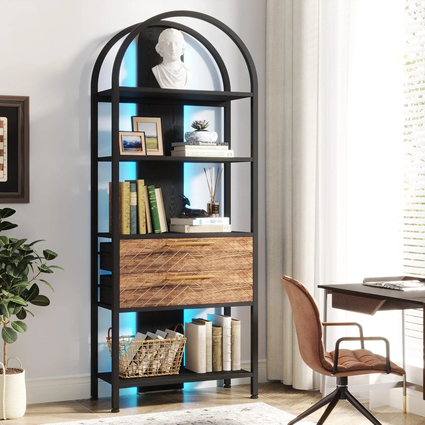 Tall Arched Bookshelf with Drawers and LED – Modern Open Storage Display for Living Room or Office
