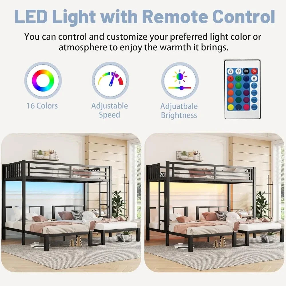 Triple Bunk Bed with LED Lights & Charging Station – Convertible 3-Tier Metal Bunk for Kids with Shelf & Storage Table