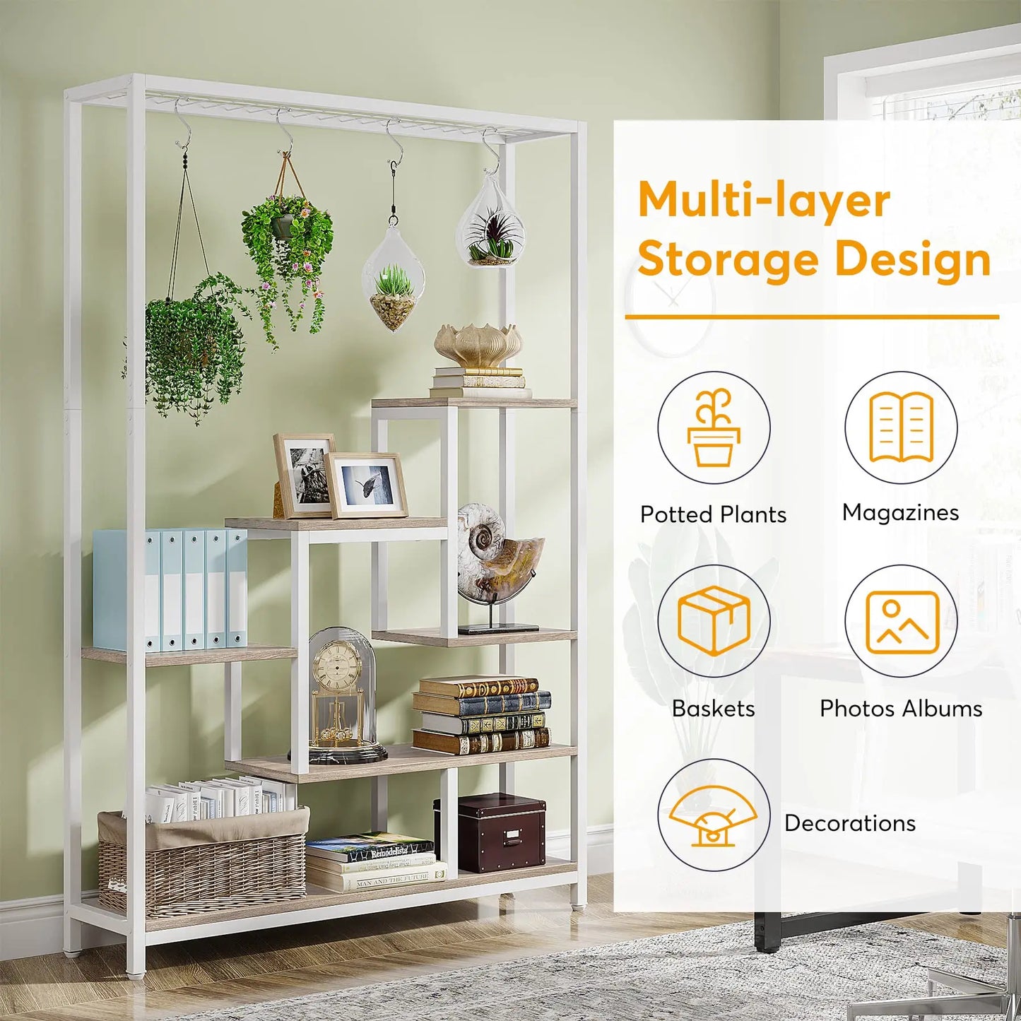 Tall 5-Tier Indoor Plant Stand with Hooks – Metal Flower Display Rack with 7 Shelves for Balcony & Living Room