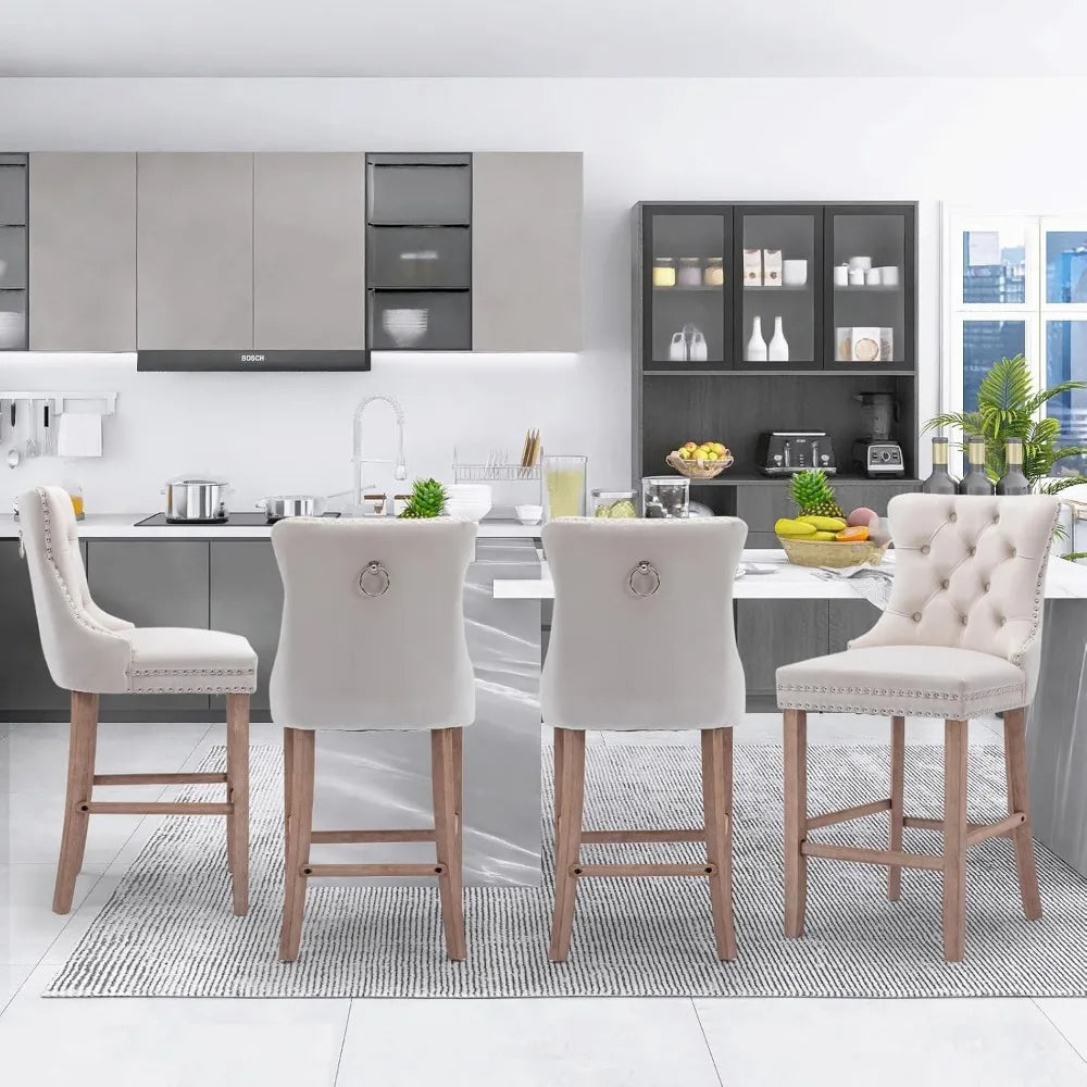 Set of 4 Modern Velvet Bar Stools – Beige Tufted Counter Height Chairs with Wood Legs & Nailhead Trim