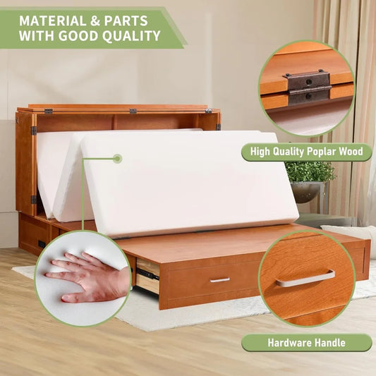 Queen Murphy Bed with Mattress & Storage – Foldable Cabinet Bed with Drawers & Charging Station for Small Spaces (Cherry Finish)