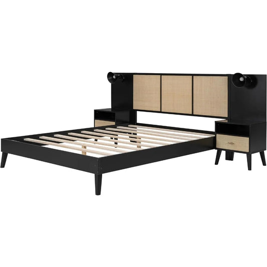 Queen Size Platform Bed Frame with 2 Nightstands & Built-In Lamps – Elegant Rattan & Wood Headboard Design (Black)