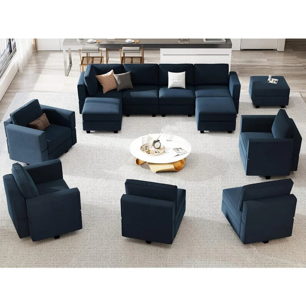 Modular Velvet Sectional Sofa with Storage – Adjustable L-Shaped Convertible Couch for Living Room (Blue)