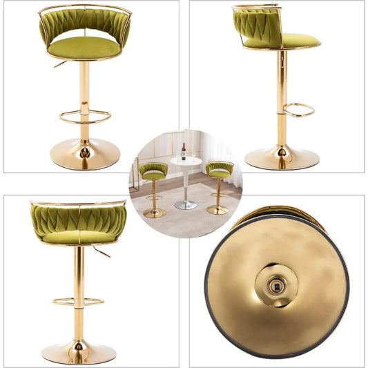Set of 2 Modern Velvet Swivel Bar Stools – Adjustable Height Counter Chairs with Gold Base