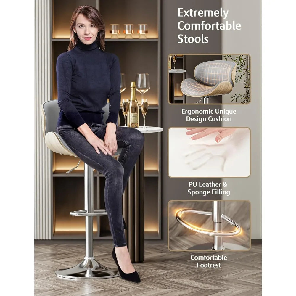 Set of 2 Adjustable Swivel Bar Stools – PU Leather Mid-Century Modern Chairs with Backrest & Footrest, Bentwood Frame (Counter Height)