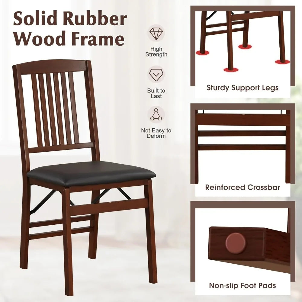 Set of 4 Folding Wooden Dining Chairs – No Assembly, Padded Faux Leather Seat, 400 lbs Capacity, Space-Saving Side Chairs (Brown/Black)