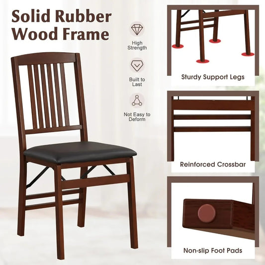 Set of 4 Folding Wooden Dining Chairs – No Assembly, Padded Faux Leather Seat, 400 lbs Capacity, Space-Saving Side Chairs (Brown/Black)