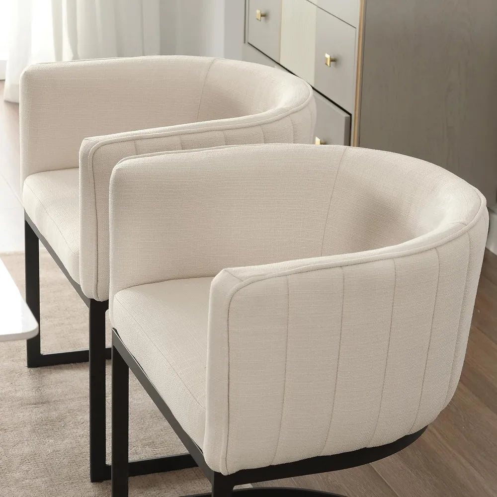 Set of 4 Modern Upholstered Dining Chairs with Arms – Beige Fabric, Metal C-Shape Legs, Mid-Century Accent Style