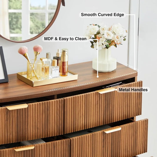 Walnut 6-Drawer Fluted Dresser – Mid-Century Modern Storage Chest for Bedroom, Closet, or TV Stand