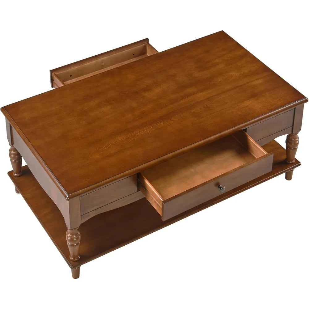 Vintage Rectangular Coffee Table with 2 Storage Drawers – Mid-Century Solid Wood Table with Carved Legs & Shelf