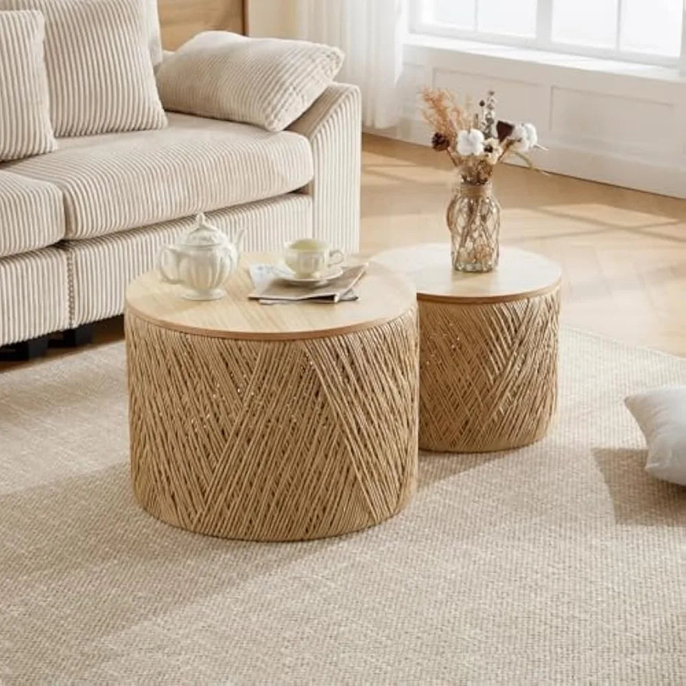 Set of 2 Rustic Round Nesting Coffee Tables – Handwoven Wooden Side Tables for Living Room & Small Spaces