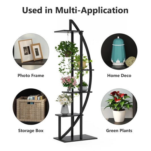 Tall Metal Indoor Plant Shelf with Hooks – Space-Saving Vertical Display for Garden or Living Room