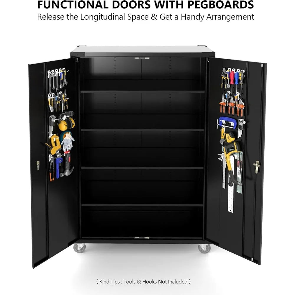 Wide Metal Garage Storage Cabinet with Pegboards, Lockable Doors, Wheels & Adjustable Shelves