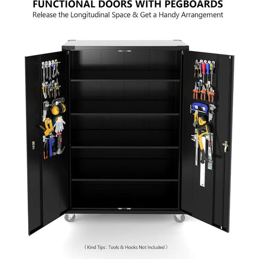Wide Metal Garage Storage Cabinet with Pegboards, Lockable Doors, Wheels & Adjustable Shelves