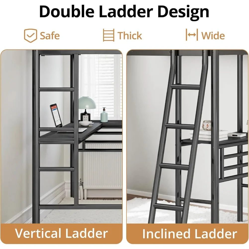 Twin L-Shaped Loft Bed with 2 Desks – Heavy-Duty Metal Corner Bunk Bed with Ladders & Safety Guardrails