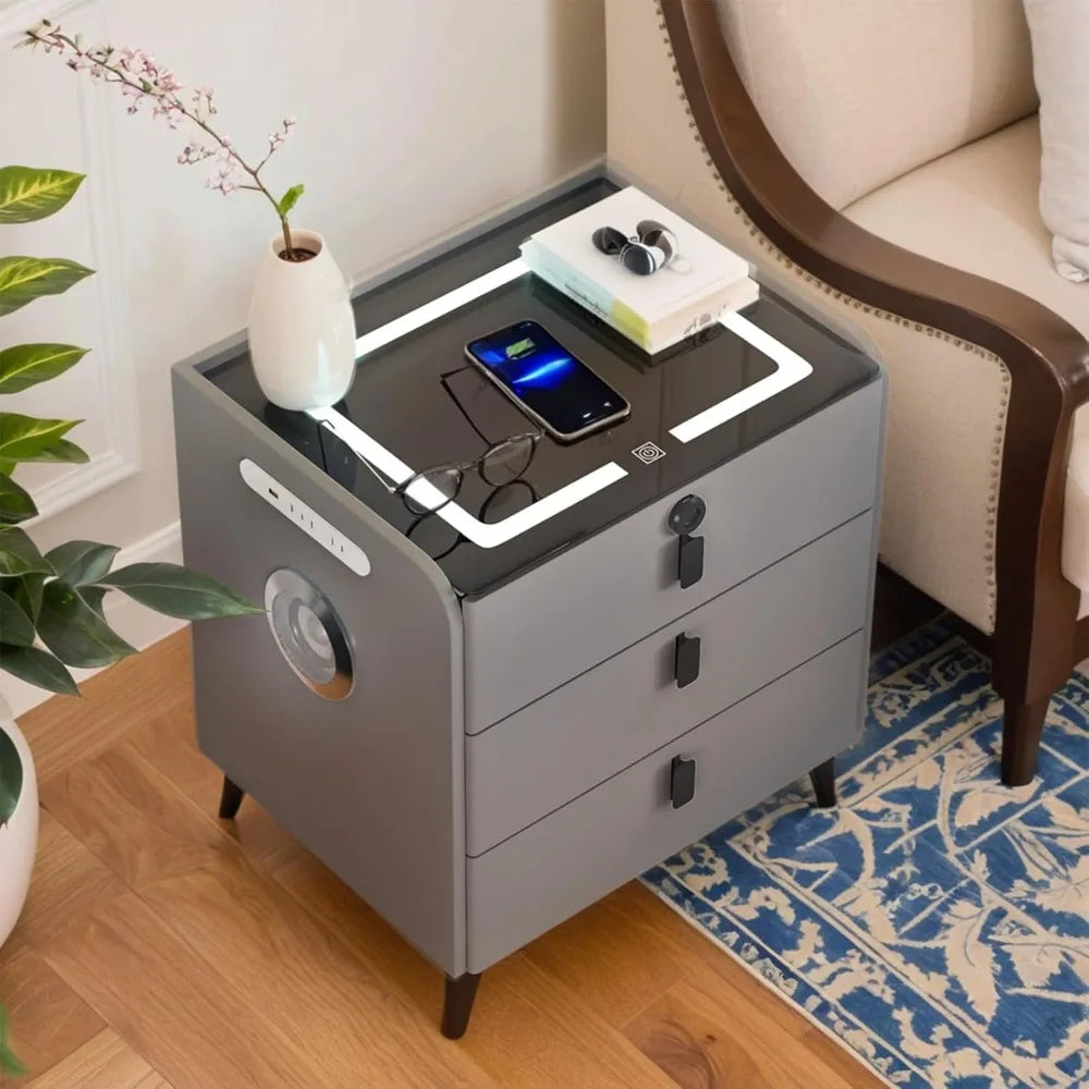 Smart Nightstand with Fingerprint Lock, Wireless Charging, LED Light, Bluetooth Speaker & USB Ports – 3-Drawer Modern Bedside Table
