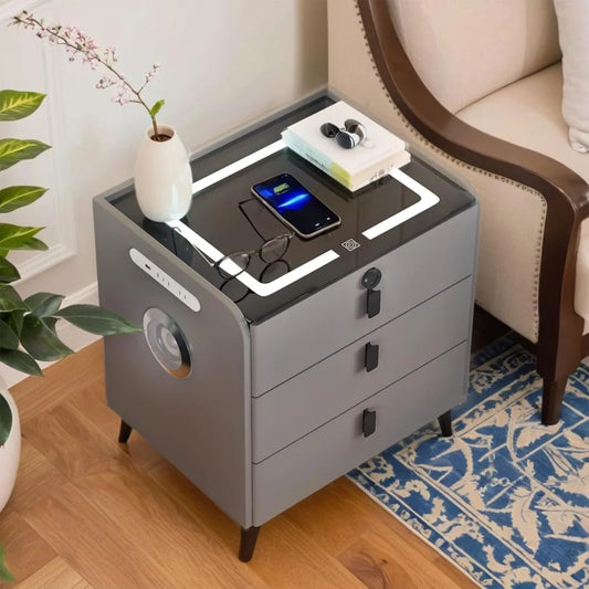Smart Nightstand with Fingerprint Lock, Wireless Charging, LED Light, Bluetooth Speaker & USB Ports – 3-Drawer Modern Bedside Table