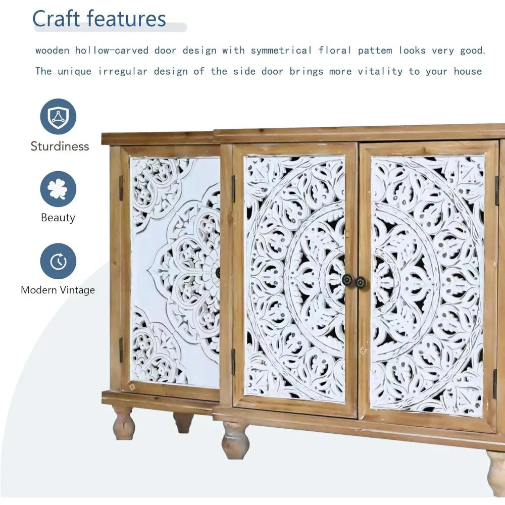Set of 2 Retro Wood Sideboard Buffet Cabinets – Carved 4-Door Storage Cabinet for Entryway, Dining Room, or Living Room