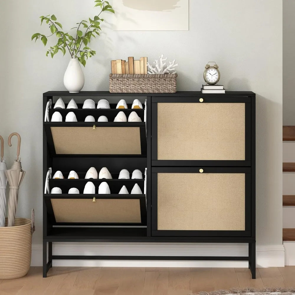 Slim Shoe Cabinet with 4 Flip Drawers – Narrow Freestanding Shoe Organizer with Fabric Panels & Metal Legs for Entryway (Black, 8-Tier)