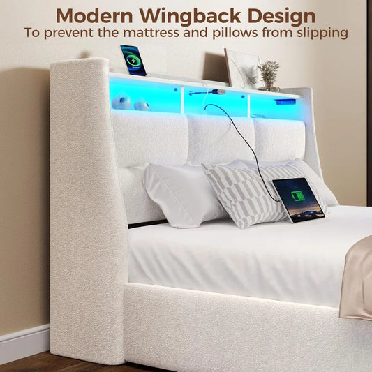 Twin Size Upholstered Bed Frame with LED Lights, Charging Station & Storage Drawers – White Lambswool Platform Bed, No Box Spring Needed