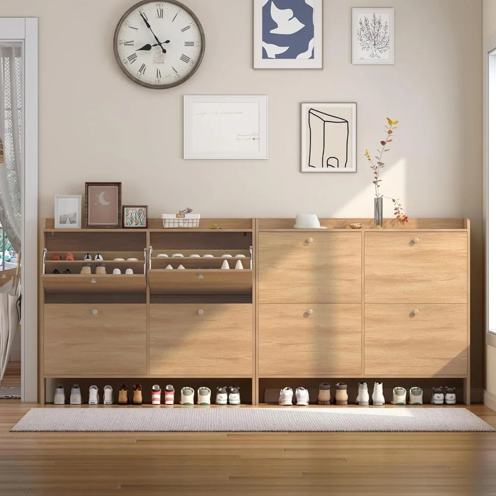 Slim Shoe Storage Cabinet with 4 Flip Drawers – Narrow Entryway Shoe Organizer with Adjustable Shelves & Open Storage