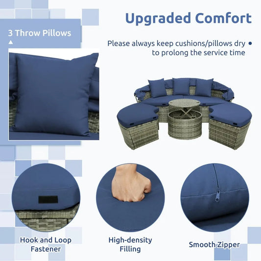 Round Outdoor Rattan Daybed with Canopy, Adjustable Table & Cushions – Modular Patio Lounge Set