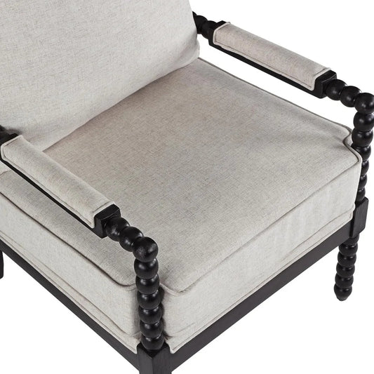 Spindle Back Linen Accent Chair – Mid-Century Wood Frame Armchair with Cushions & Armrest Pads