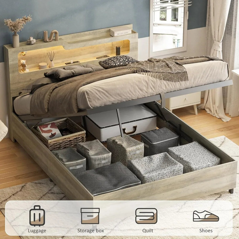 Queen Size Platform Bed with Lift-Up Storage, 2-Tier Headboard & Charging Station – Gray