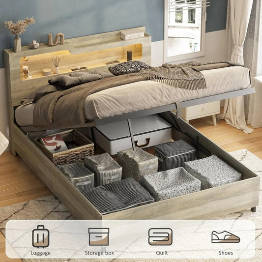 Queen Size Platform Bed with Lift-Up Storage, 2-Tier Headboard & Charging Station – Gray