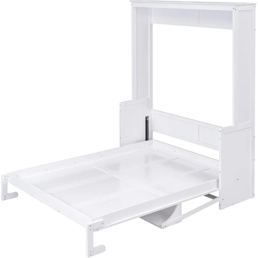 Queen Size Murphy Bed with Storage Shelf – Foldable Wall Bed Frame with Desk & Bookshelf for Guest Room or Home Office