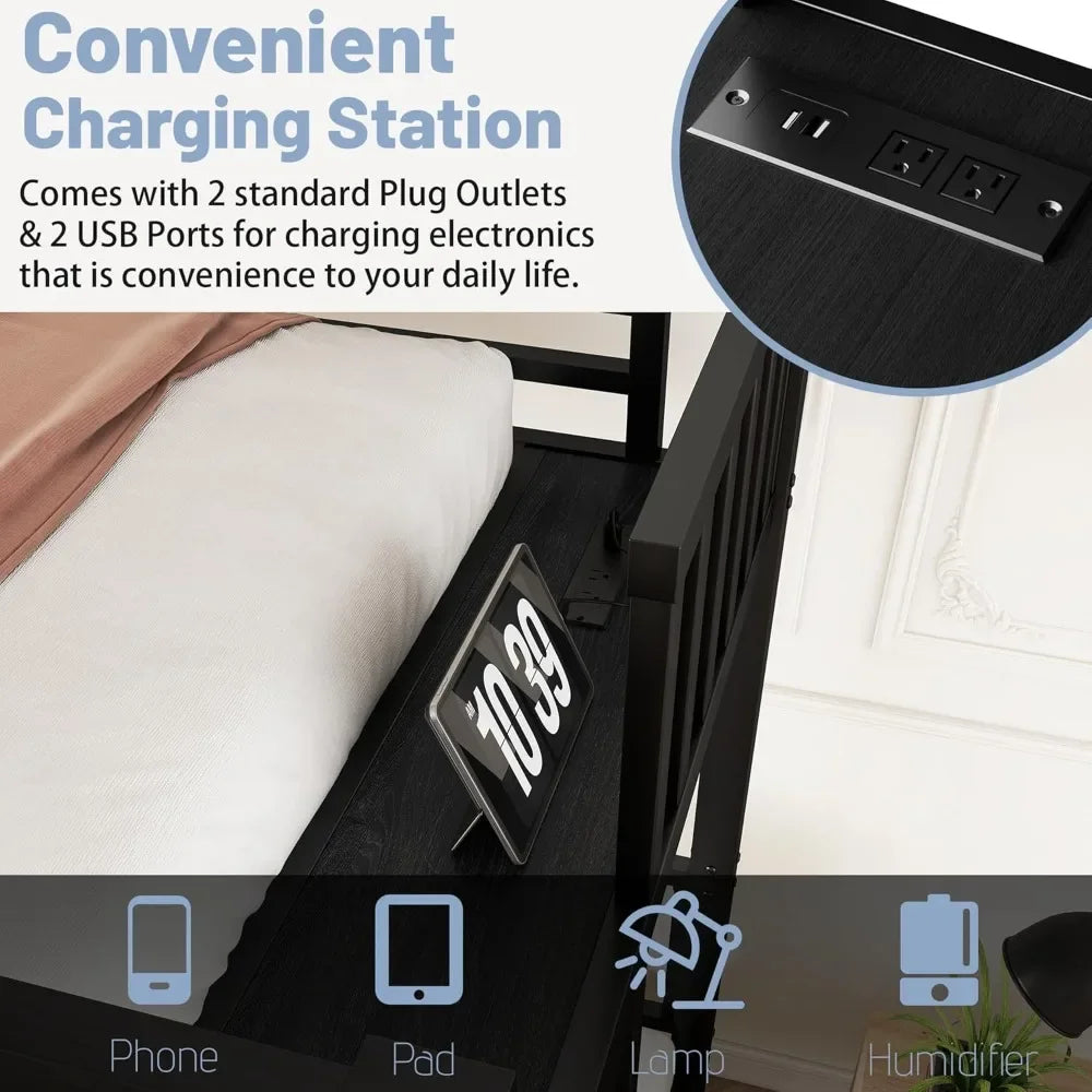 Triple Bunk Bed with LED Lights & Charging Station – Convertible 3-Tier Metal Bunk for Kids with Shelf & Storage Table