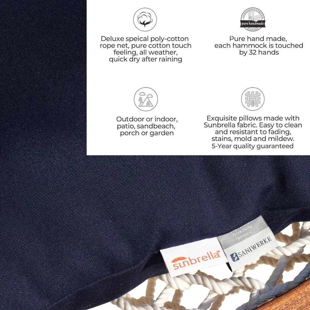 Summit Hanging Hammock Chair with Wooden Frame, Navy Cushions & Footrest – Handwoven Canvas Swing for Patio, Porch, or Indoor Use