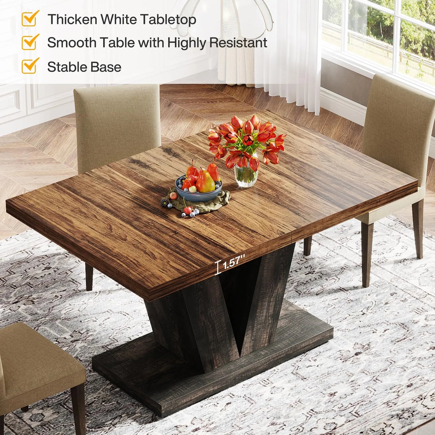 Rustic 47" Wooden Dining Table for 4 – Heavy-Duty Pedestal Base for Kitchen or Dining Room