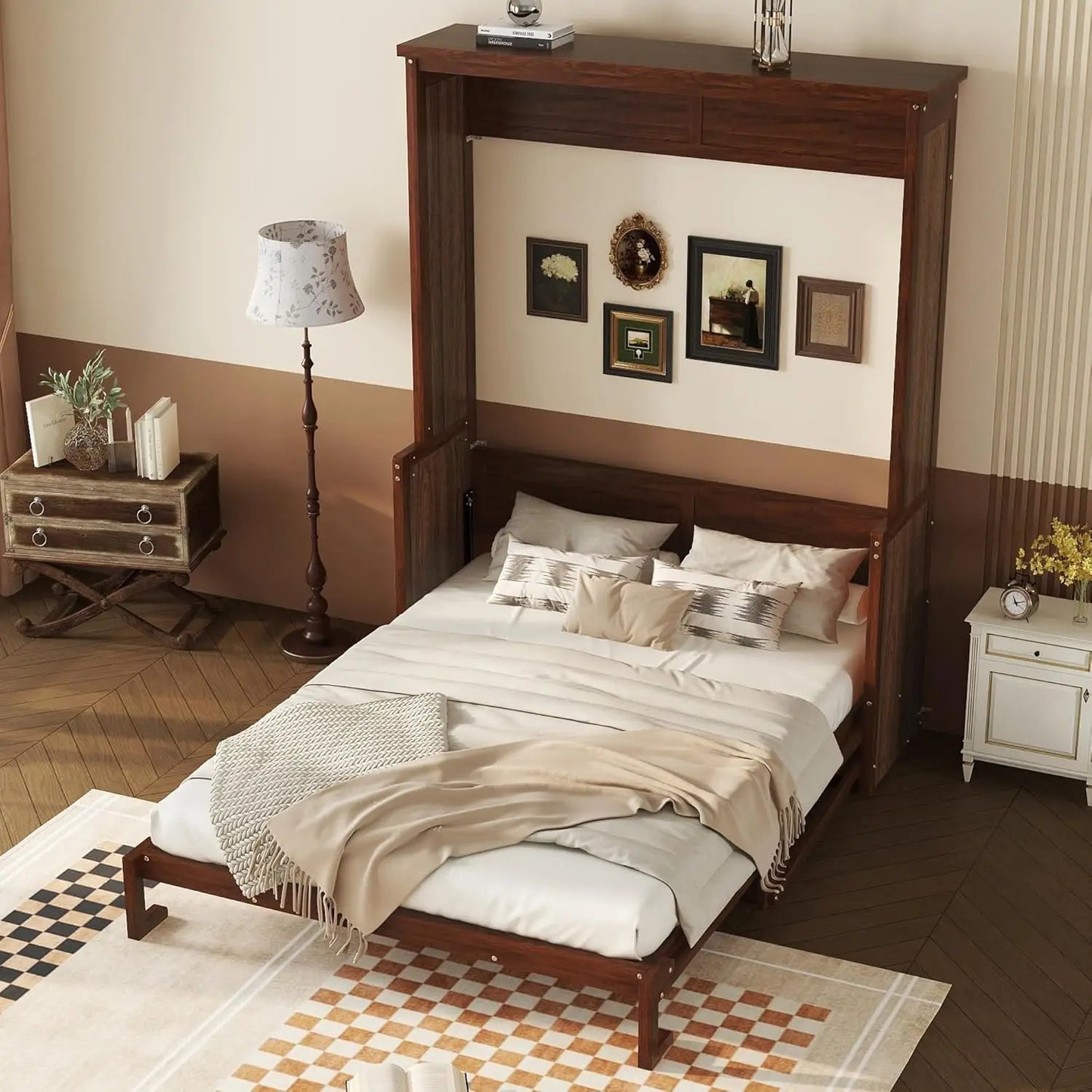 Queen Size Murphy Bed with Desk & Storage – Foldable Wall Bed Frame with Gas Struts, Hidden Cabinet Style for Guest Room/Home Office