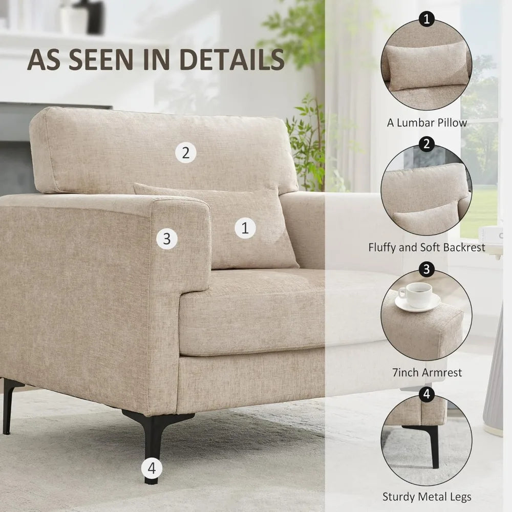 Oversized Chenille Accent Chair with Metal Legs – Extra Large Comfy Armchair for Reading, Living Room & Bedroom (Brown)