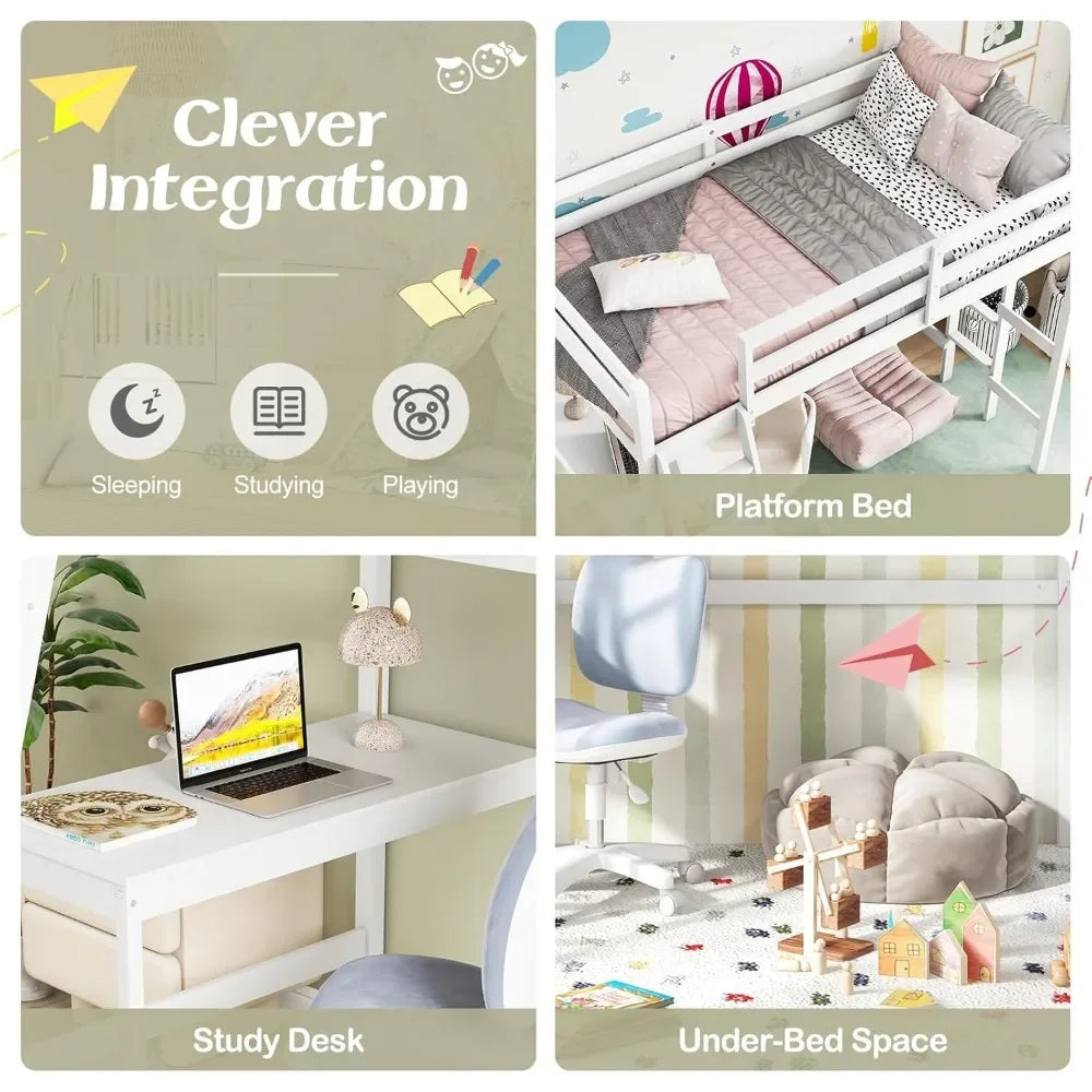 Twin Loft Bed with Desk – Solid Wood Frame, Safety Guardrails, Dual Ladders, Space-Saving Design for Teens & Adults, White