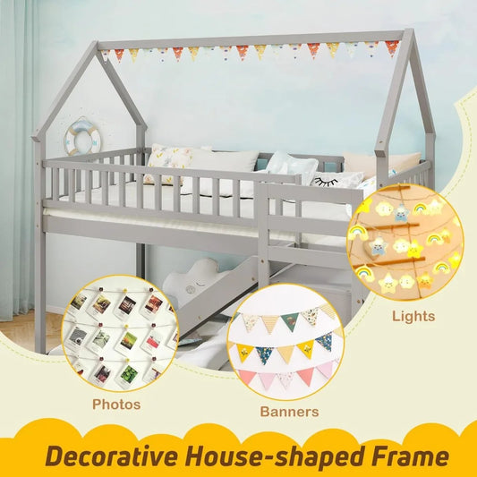 Twin Over Twin House Bunk Bed with Slide & Stairs – Wood Frame with Storage Shelves, No Box Spring Needed, Fun Floor Bed Design for Kids