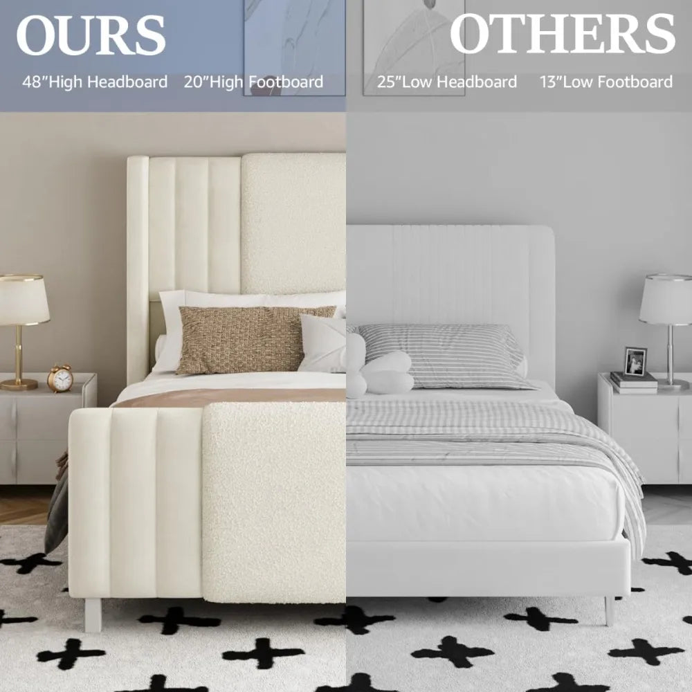 Queen Size Upholstered Bed Frame with LED Lights – Boucle & Velvet, Tall Wingback Headboard, No Box Spring Needed, Modern Platform