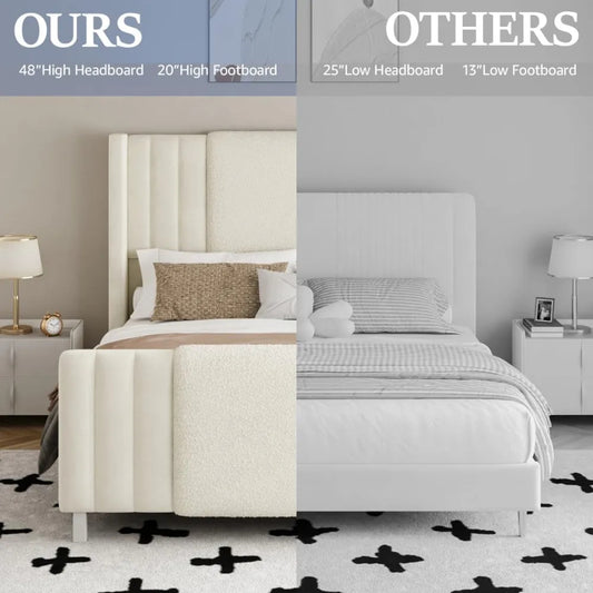 Queen Size Upholstered Bed Frame with LED Lights – Boucle & Velvet, Tall Wingback Headboard, No Box Spring Needed, Modern Platform