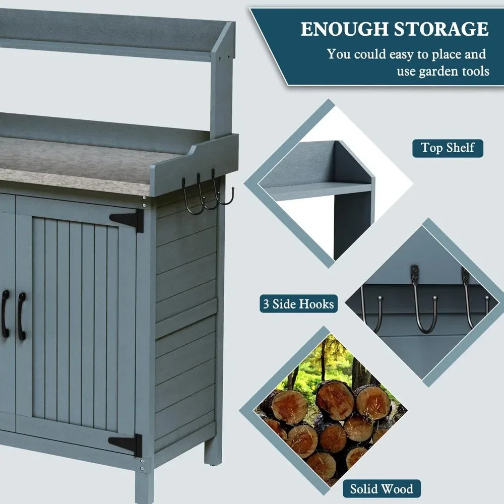 Wooden Potting Bench Table with Galvanized Metal Top – Outdoor Gardening Workstation with Storage Cabinet, Hooks & Shelves