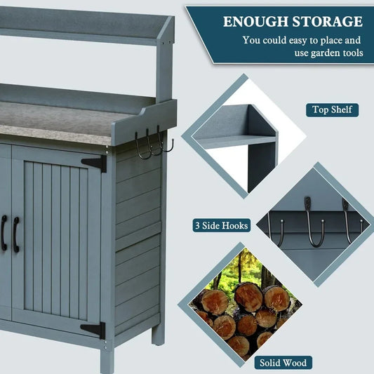 Wooden Potting Bench Table with Galvanized Metal Top – Outdoor Gardening Workstation with Storage Cabinet, Hooks & Shelves