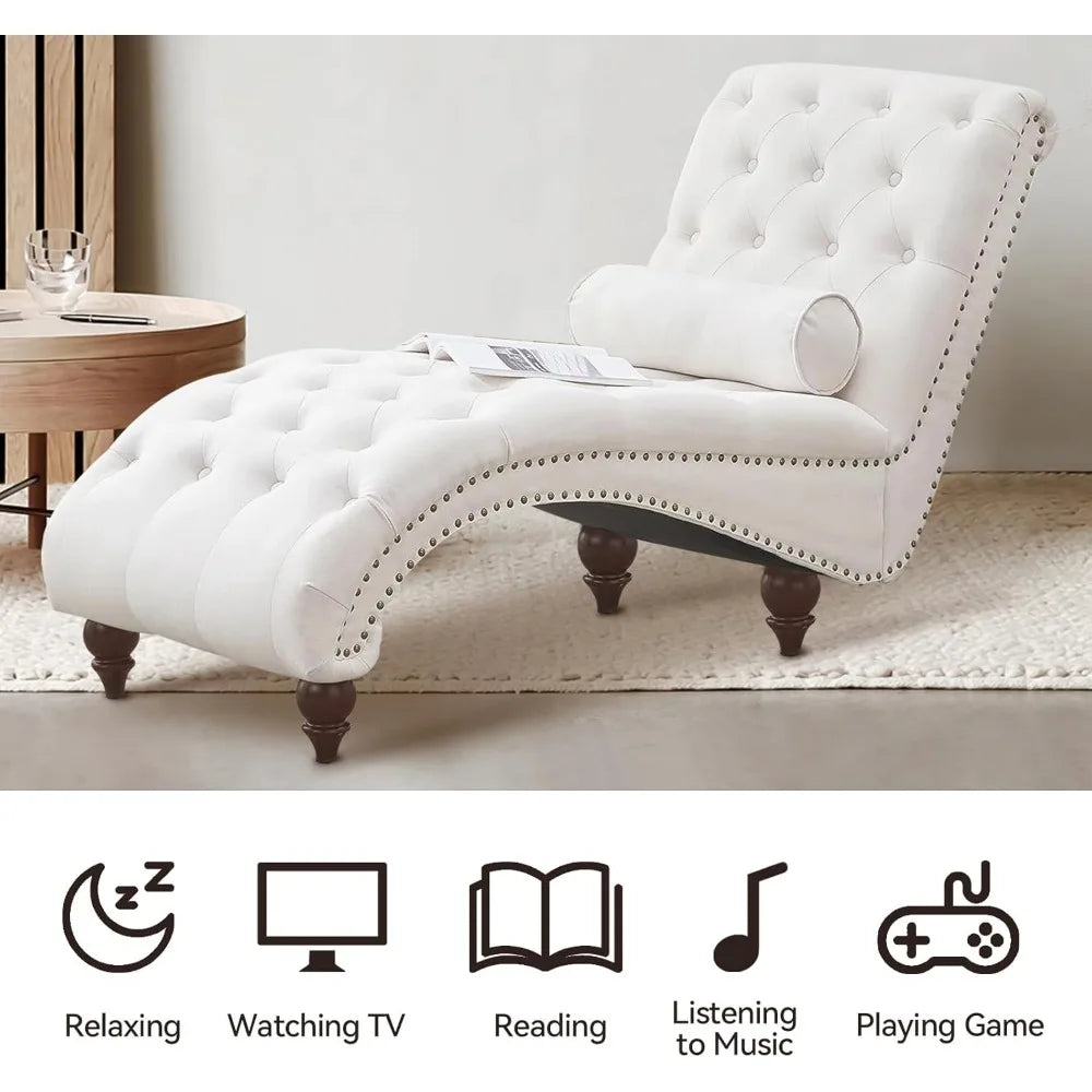 Velvet Tufted Chaise Lounge Chair with Pillow – Upholstered Indoor Recliner with Wood Legs & Ergonomic Curved Design (Beige)