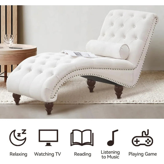 Velvet Tufted Chaise Lounge Chair with Pillow – Upholstered Indoor Recliner with Wood Legs & Ergonomic Curved Design (Beige)