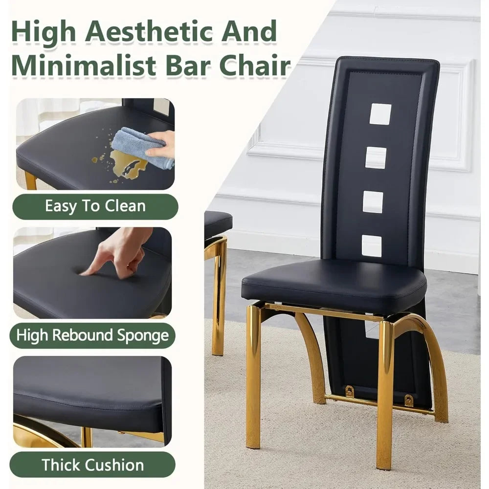 Set of 6 Modern High-Back Dining Chairs – Faux Leather Upholstery, Black with Gold Legs, Ergonomic & Stylish Seating