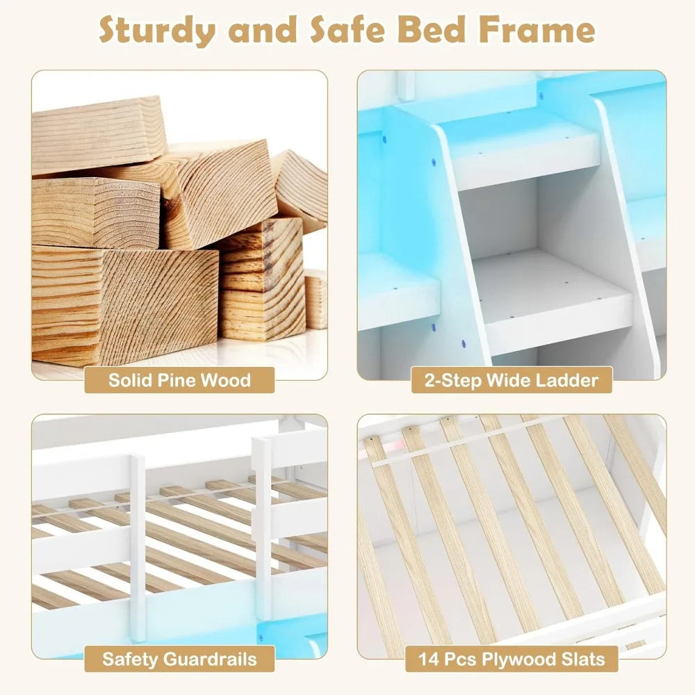 Twin Low Loft Bed with LED Lights, Storage Bookcases & Under-Bed Play Space – Wooden Loft Bed Frame with Staircase for Kids