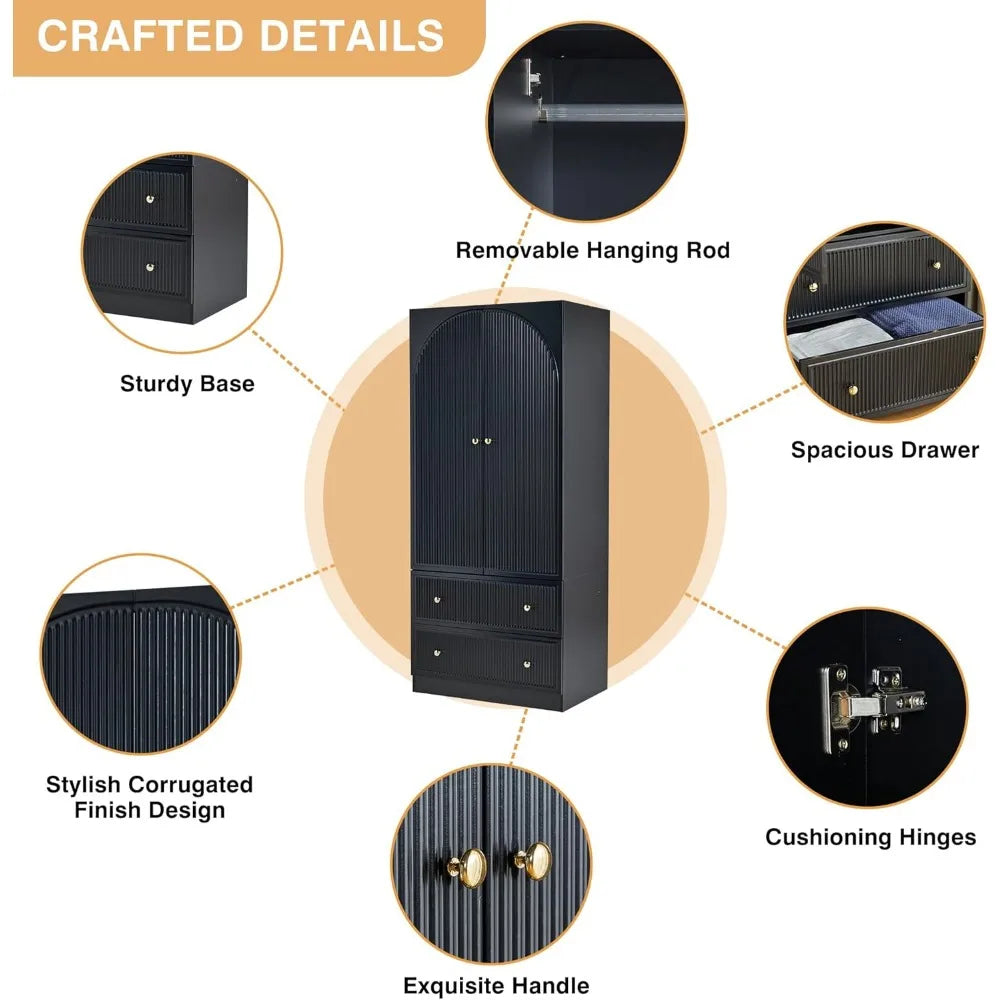 Set of 2 Black Freestanding Wardrobe Closets – 2-Door Armoire with Drawers, Modern Storage Cabinet for Clothes & Shoes