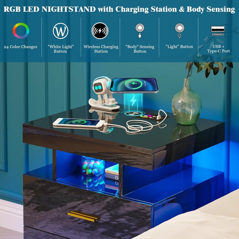 Set of 2 LED Nightstands with USB, Type-C & Wireless Charging – Modern Black Bedside Tables with RGB Auto Lights & Storage Drawers