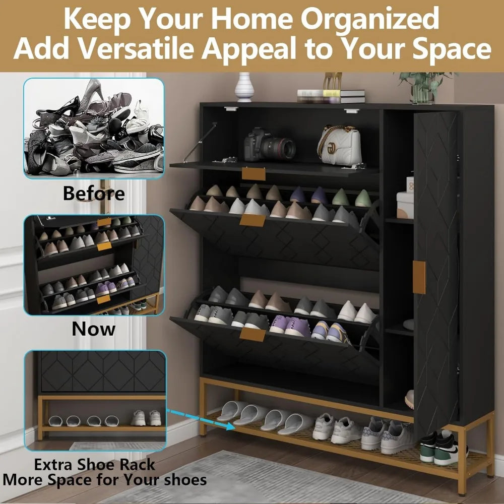 Slim Freestanding Shoe Cabinet with 2 Flip Drawers & Adjustable Shelves – Narrow Entryway Storage Rack