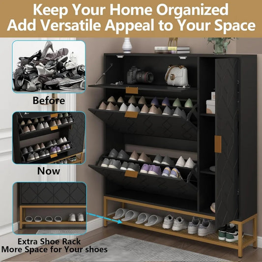 Slim Freestanding Shoe Cabinet with 2 Flip Drawers & Adjustable Shelves – Narrow Entryway Storage Rack